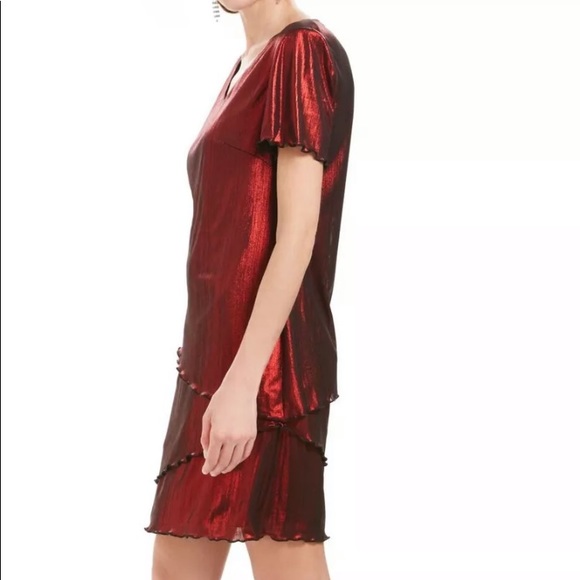 ❤️‍🔥 NWT Metallic Red Ruffle Cocktail Midi Dress - Picture 3 of 16